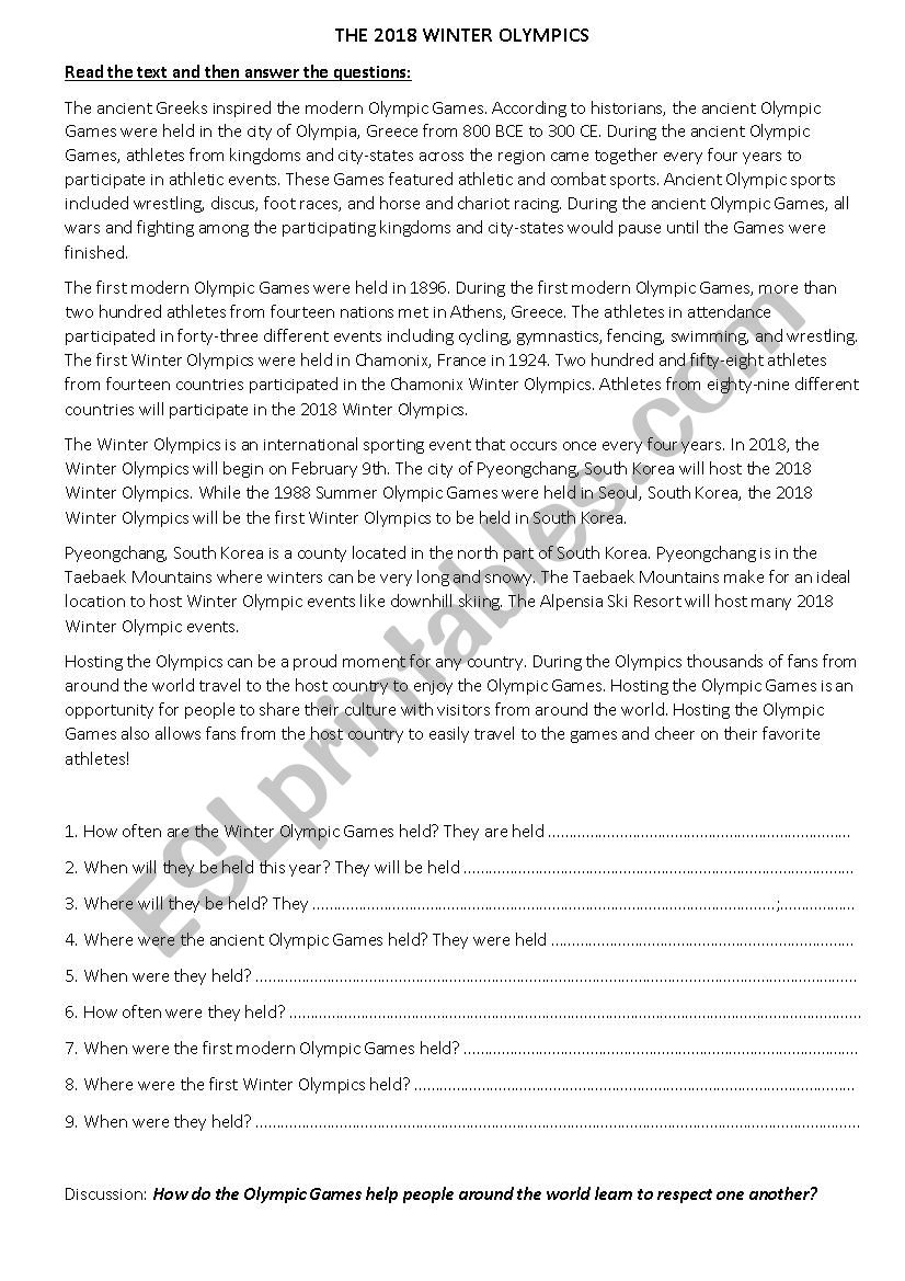 the 2018 winter olympics worksheet