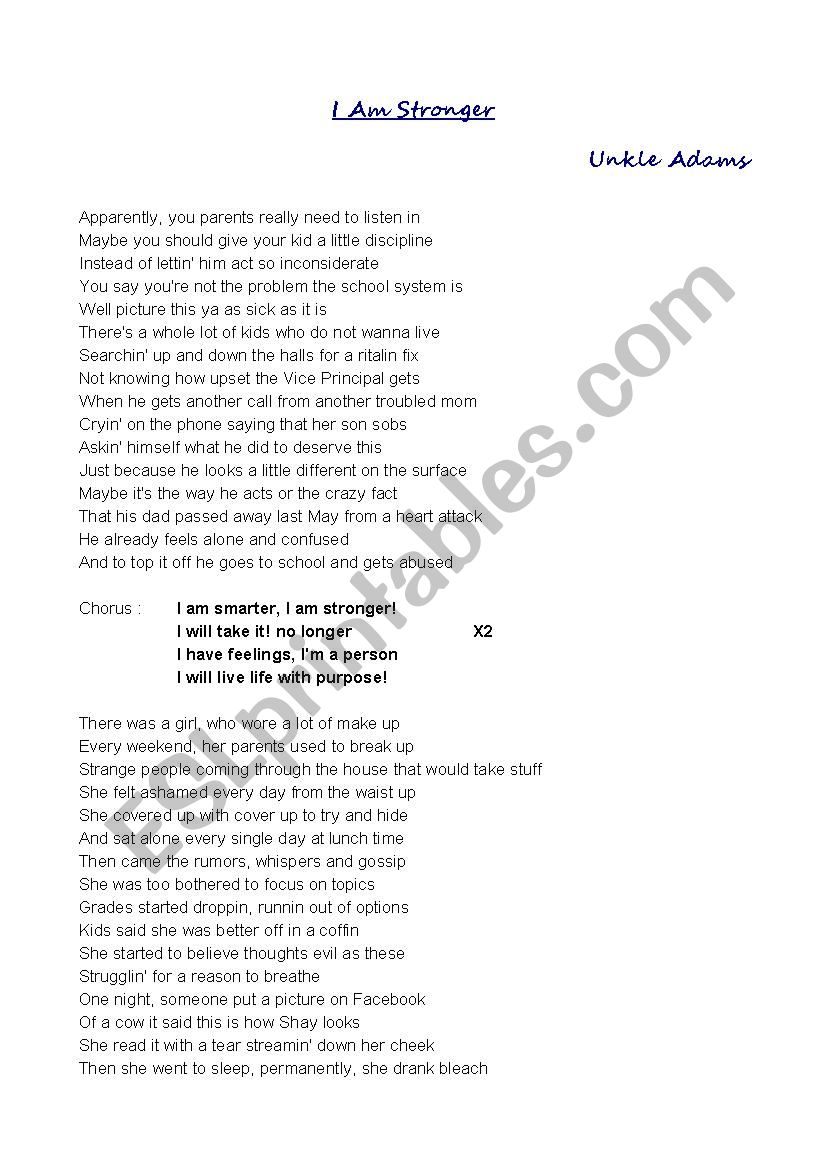 I am stronger, Unkle Adams worksheet