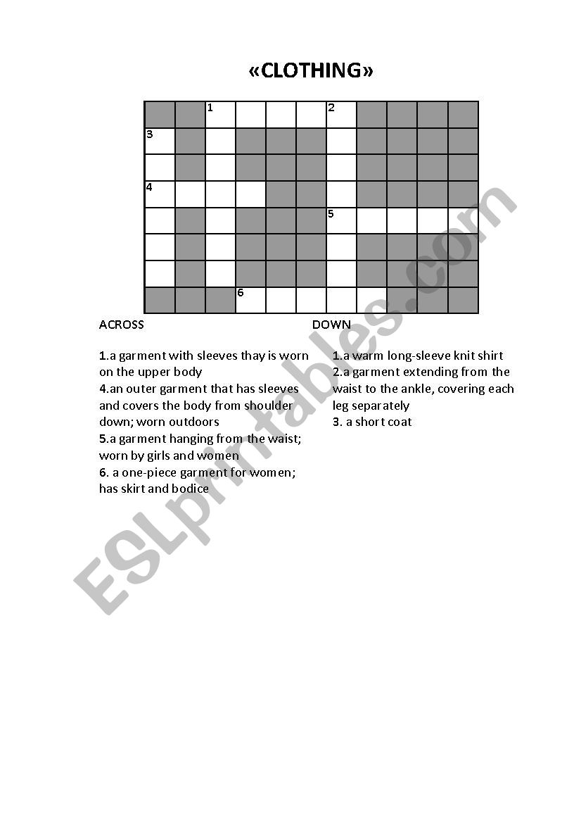 Clothing. Crossword worksheet