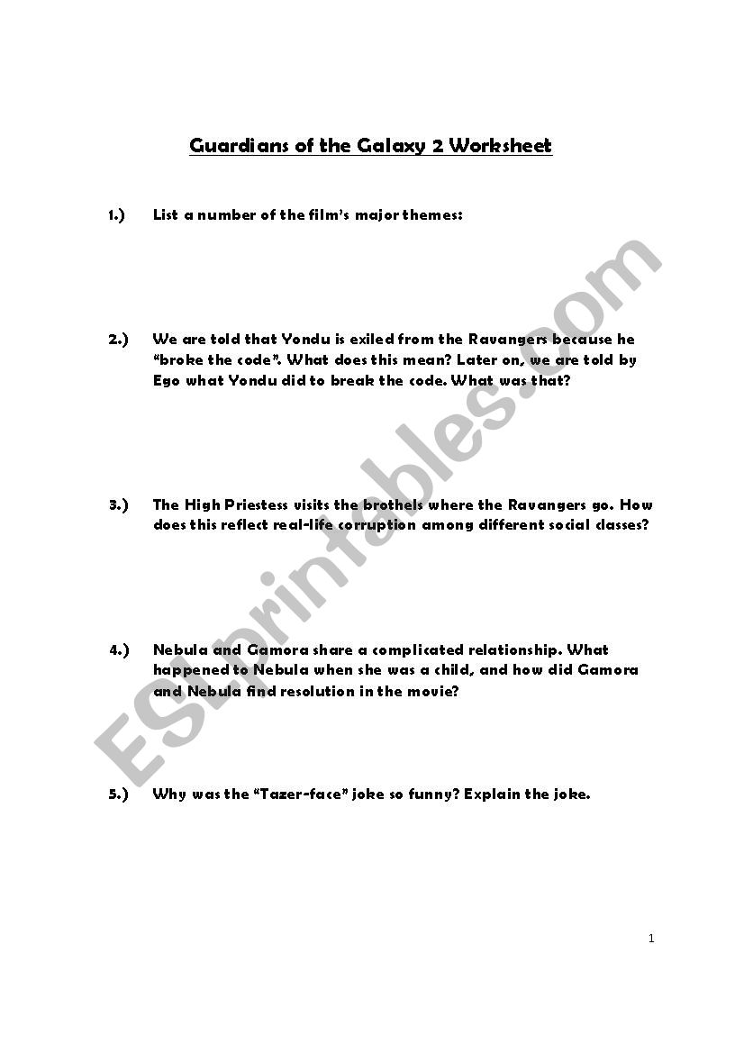 Guardians of the Galaxy 2 Worksheet - ADVANCED 