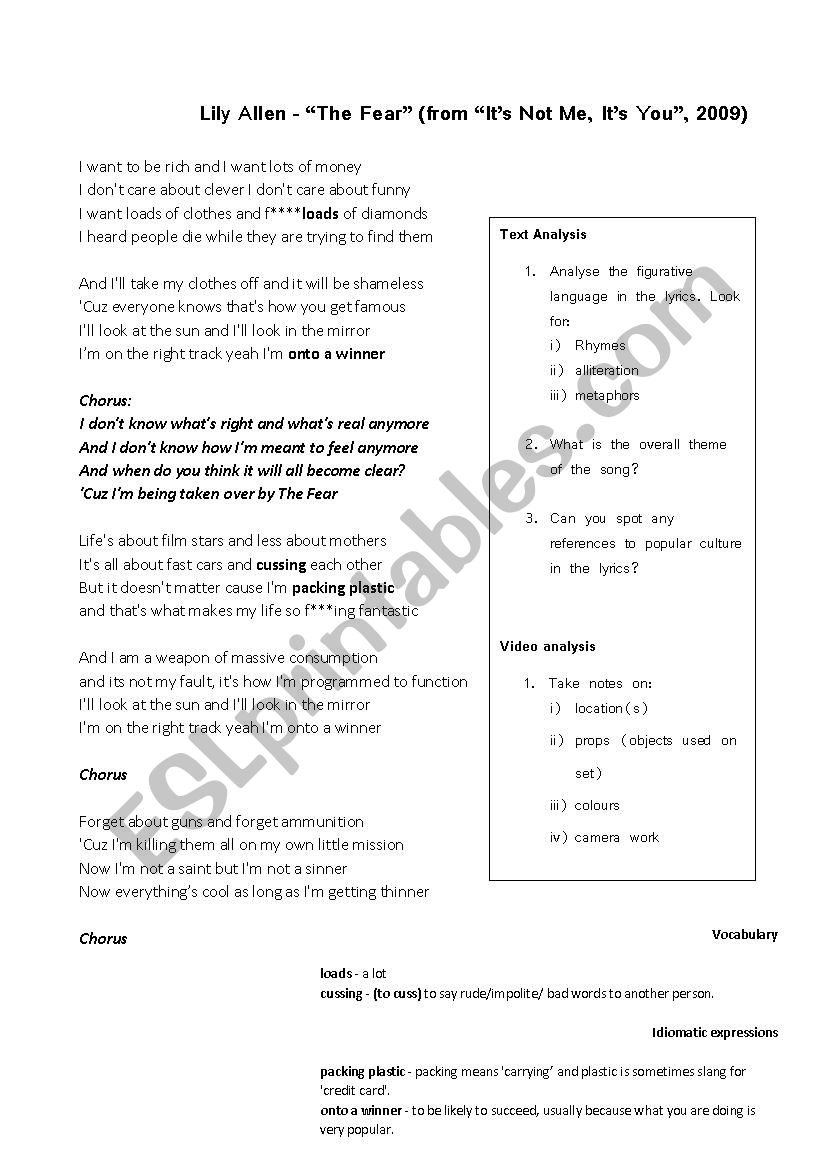 Lily Allen - The Fear worksheet