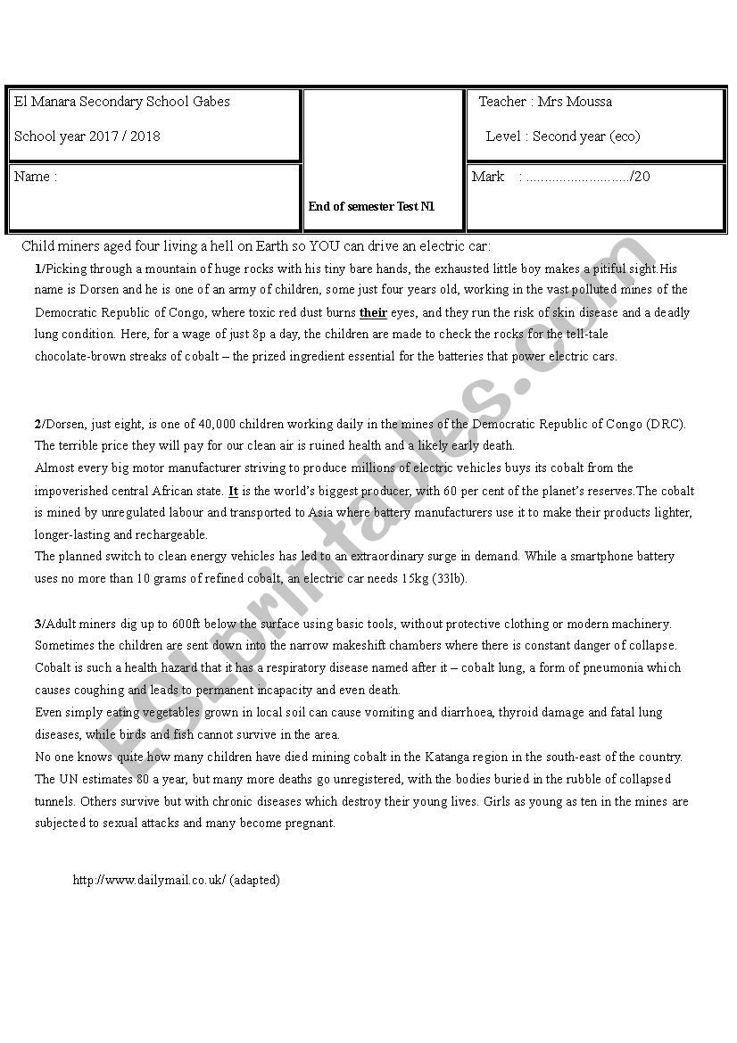 END OF SEMESTER TEST 1  worksheet