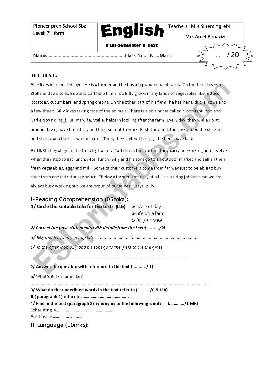 end of term  test  7th Form worksheet