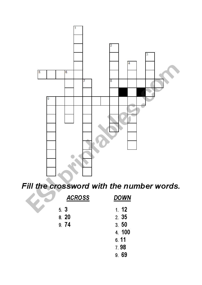 Crossword numbers 1-100 worksheet