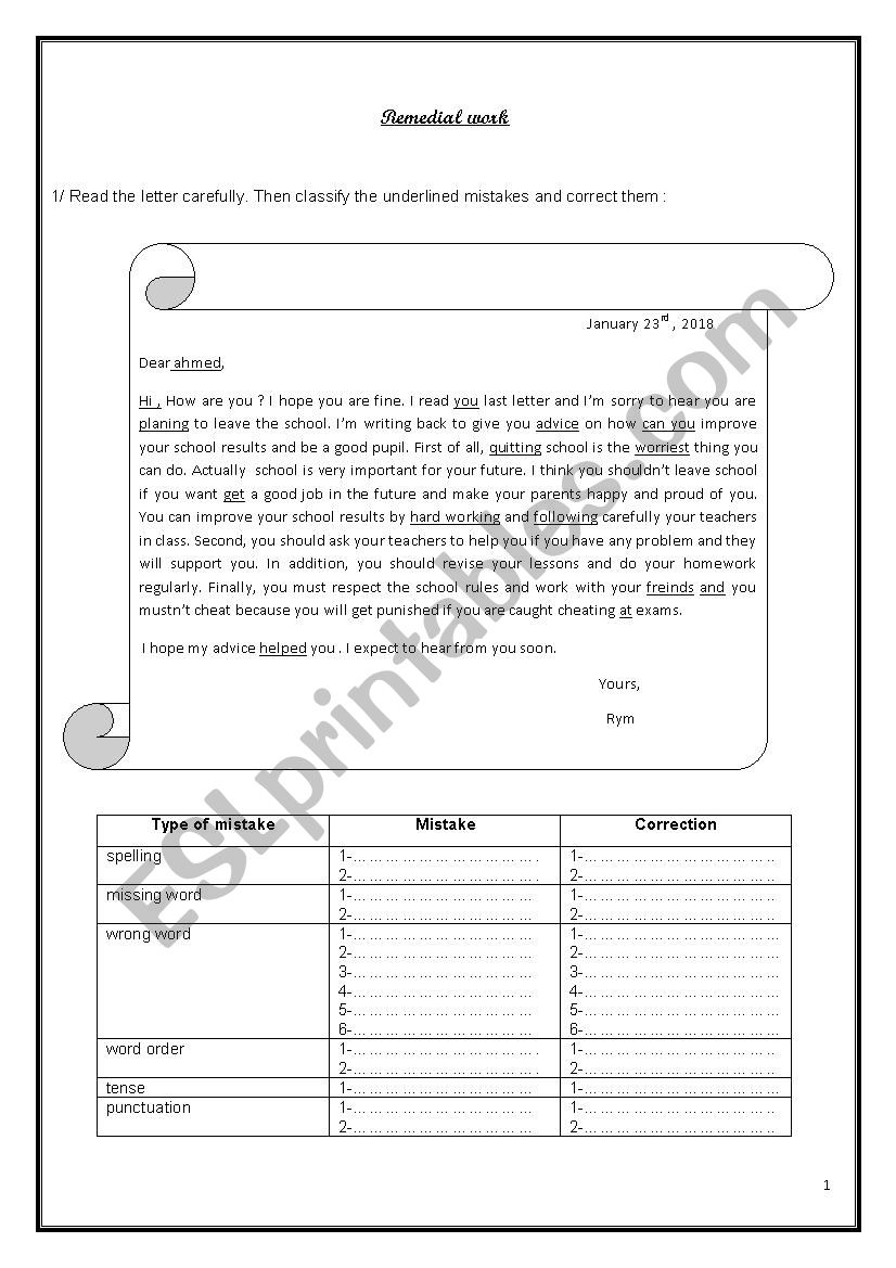 Remedial work 9th form worksheet