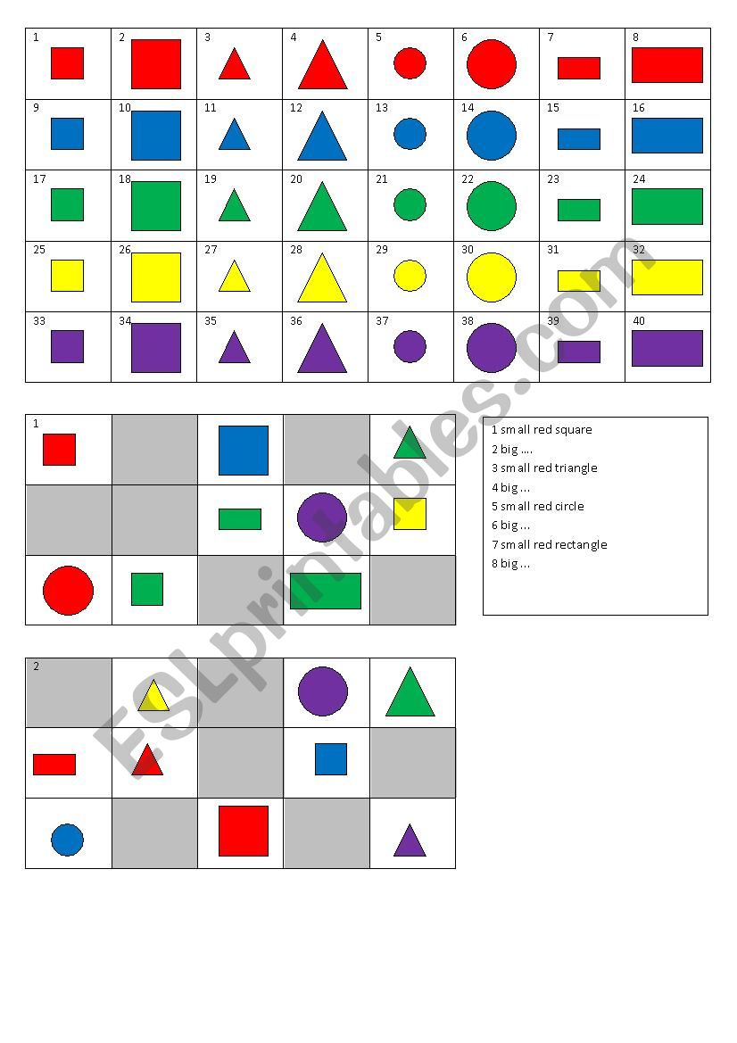 BINGO shapes, colours and size