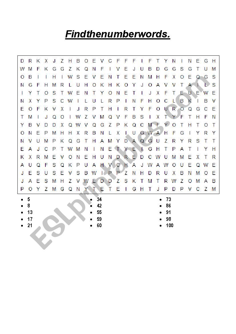 Word Search Numbers 1-100 worksheet