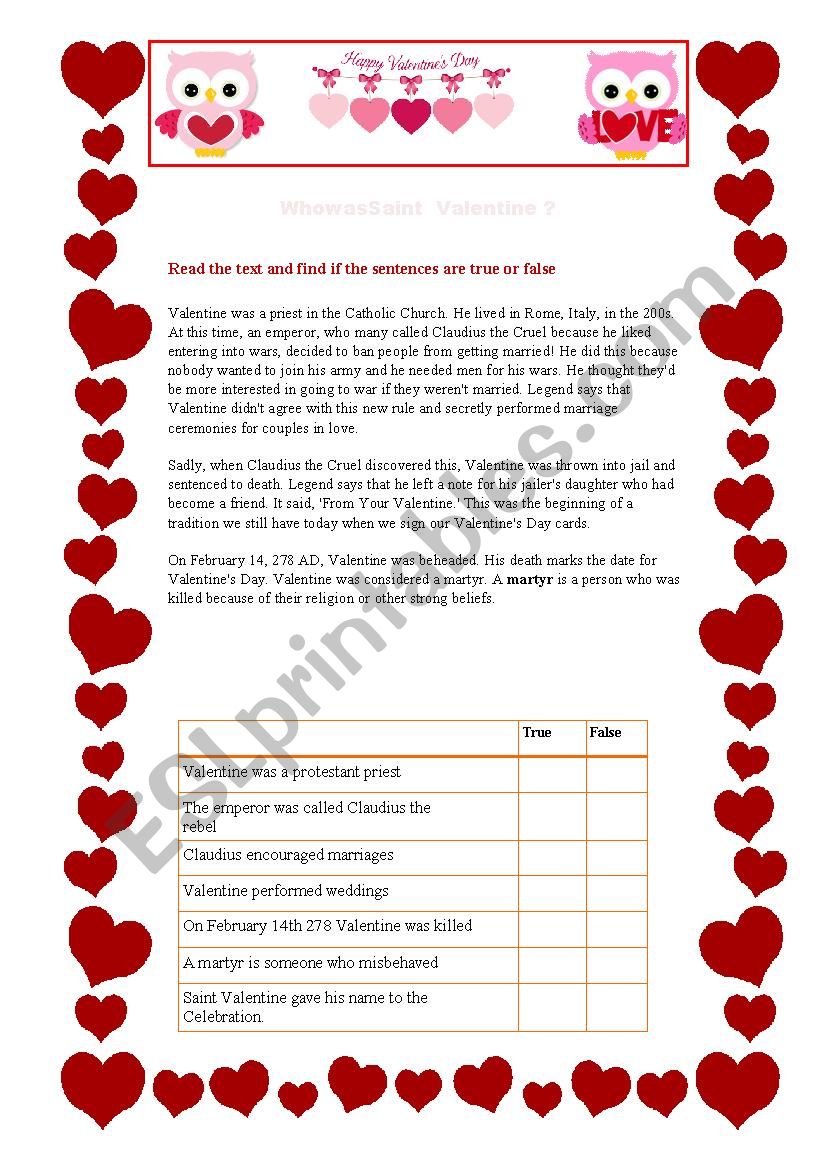 St Valentines day reading comprehension and vocabulary