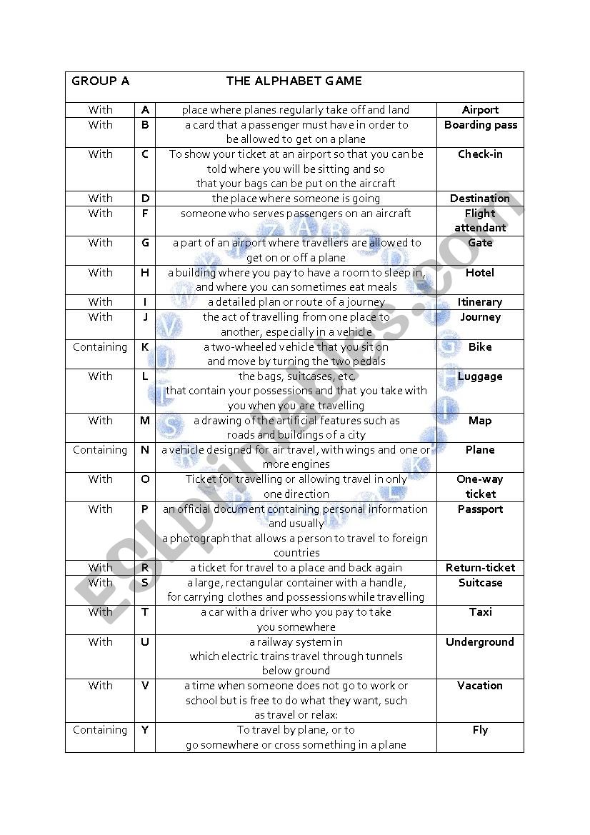 THE ALPHABET GAME - TRAVEL  worksheet