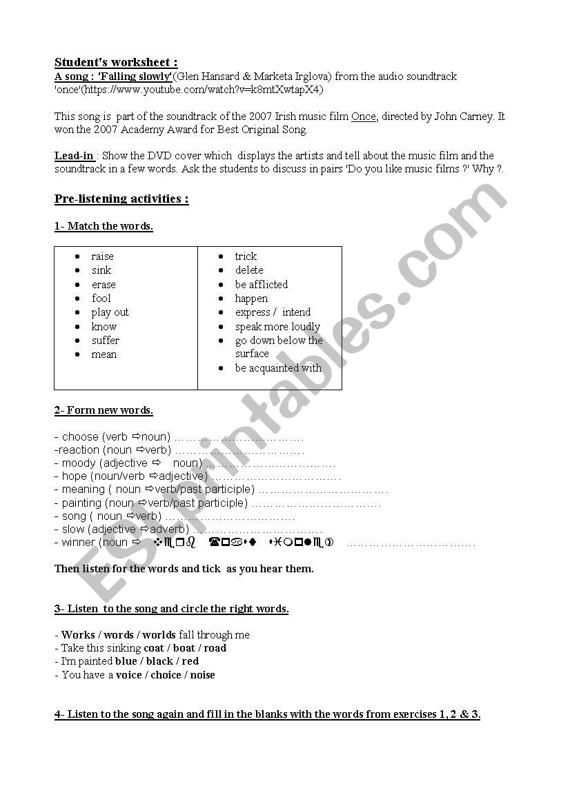 A song Falling Slowly worksheet