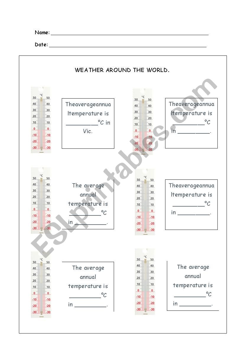 Temperature around the world worksheet