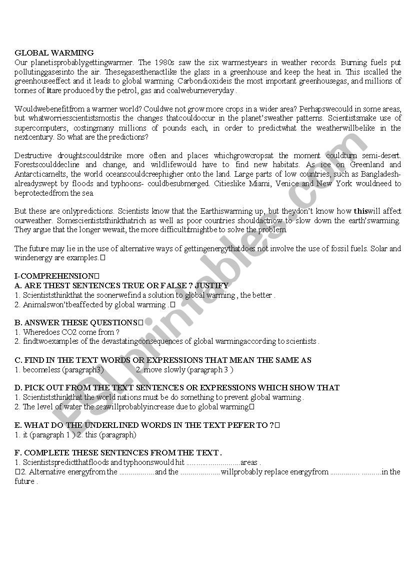 GLOBAL WARMING worksheet