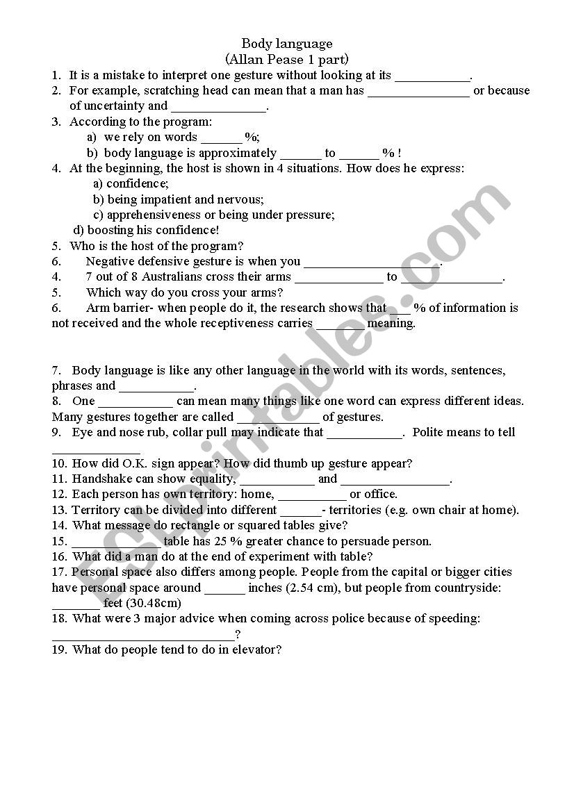 Body language worksheet