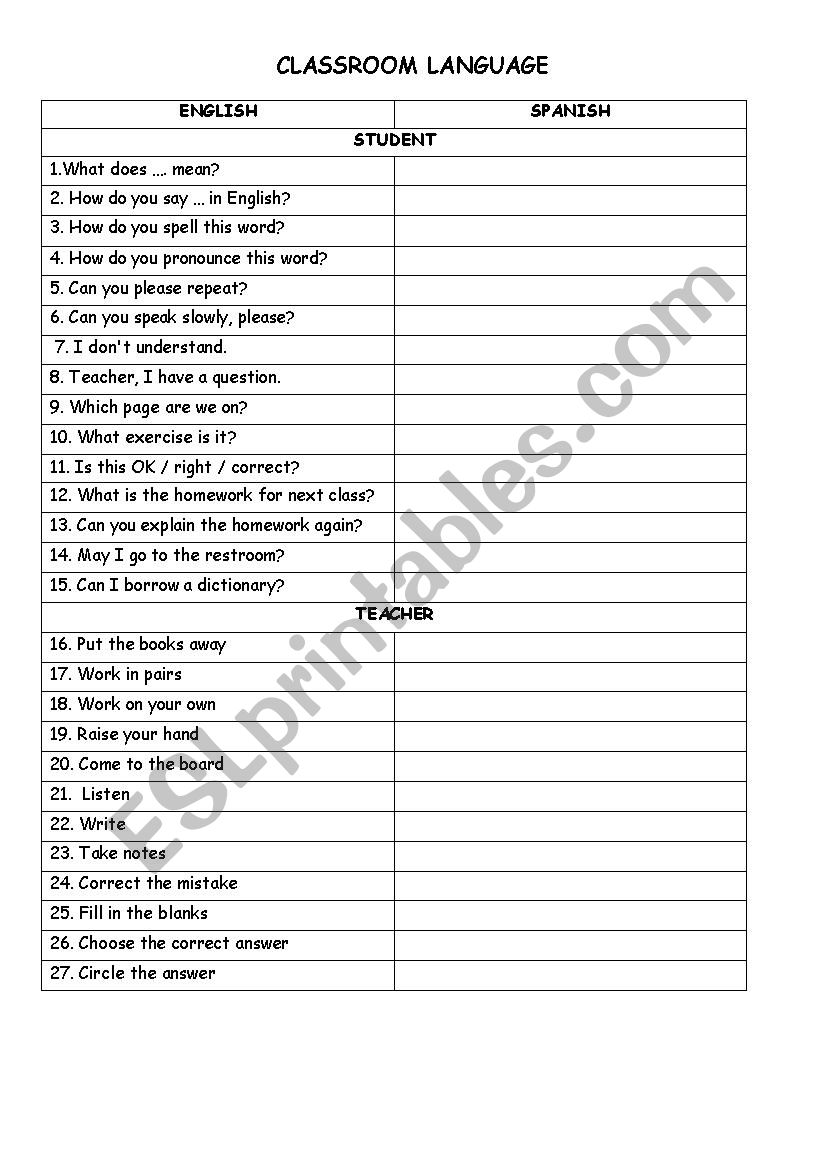 Classroom Language worksheet