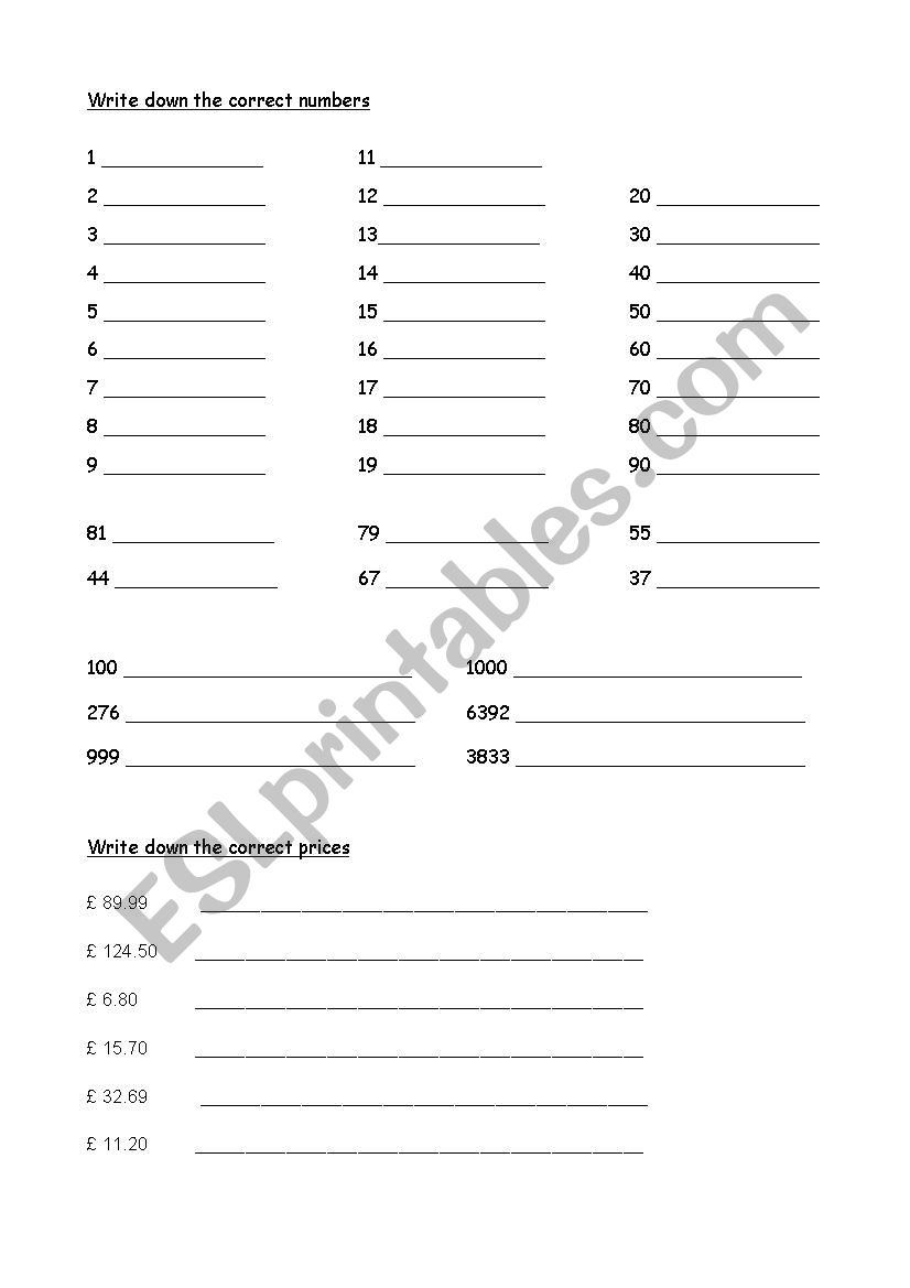 Numbers and prices worksheet