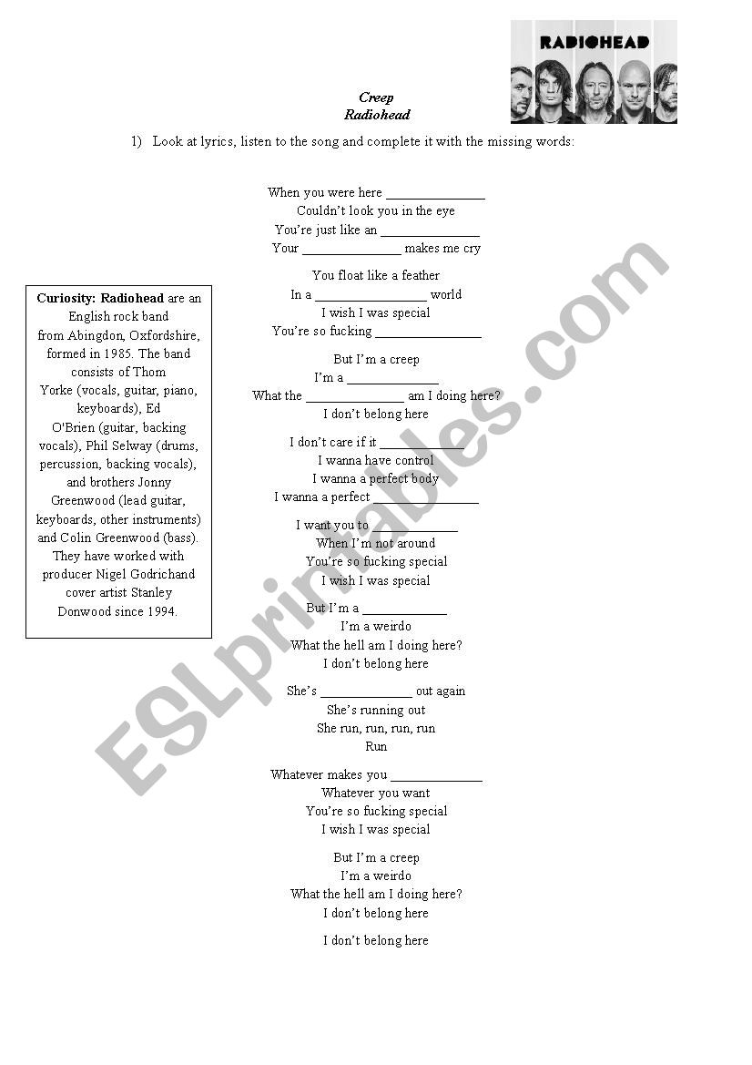 Creep- song by Radiohead worksheet