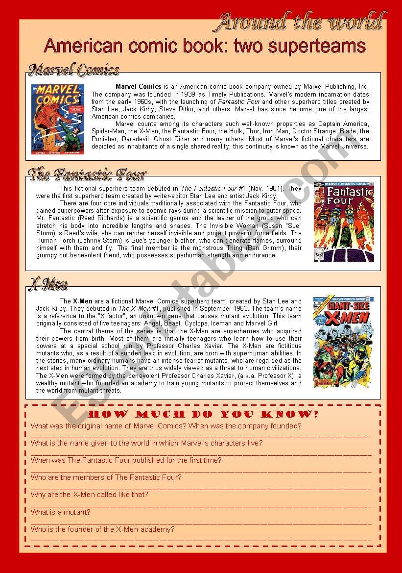 American comic book worksheet