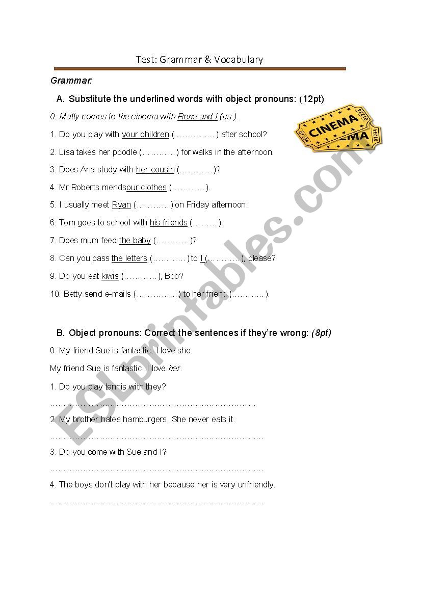 Grammar and vocabulary test worksheet