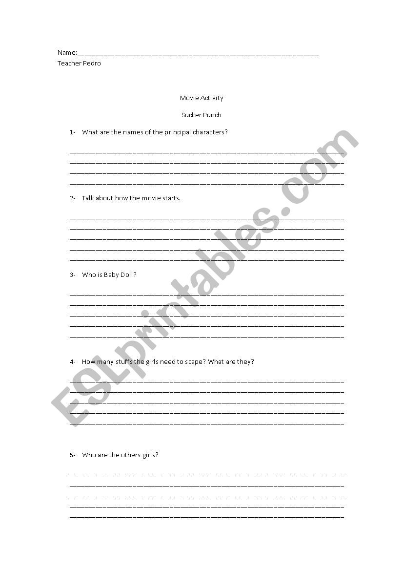 Movie Activity- Sucker Punch worksheet