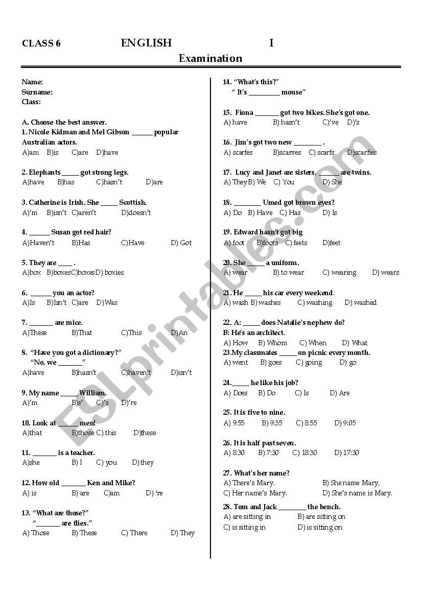 Exam (Mixed Topics for Elementary Classes)