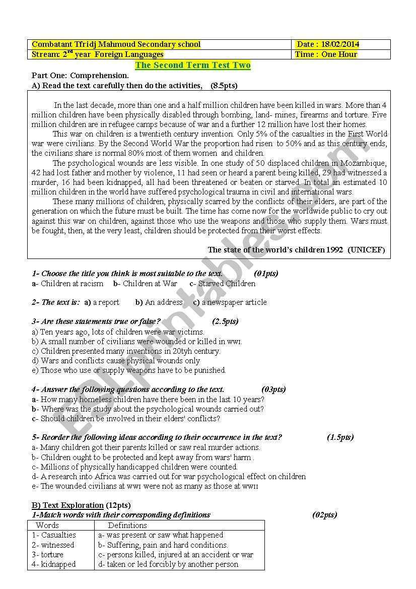 2nd year fl test two worksheet