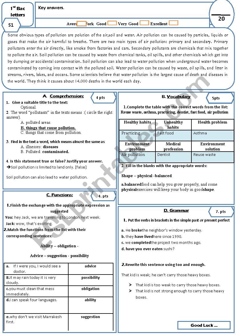 test for 1 st bac students worksheet