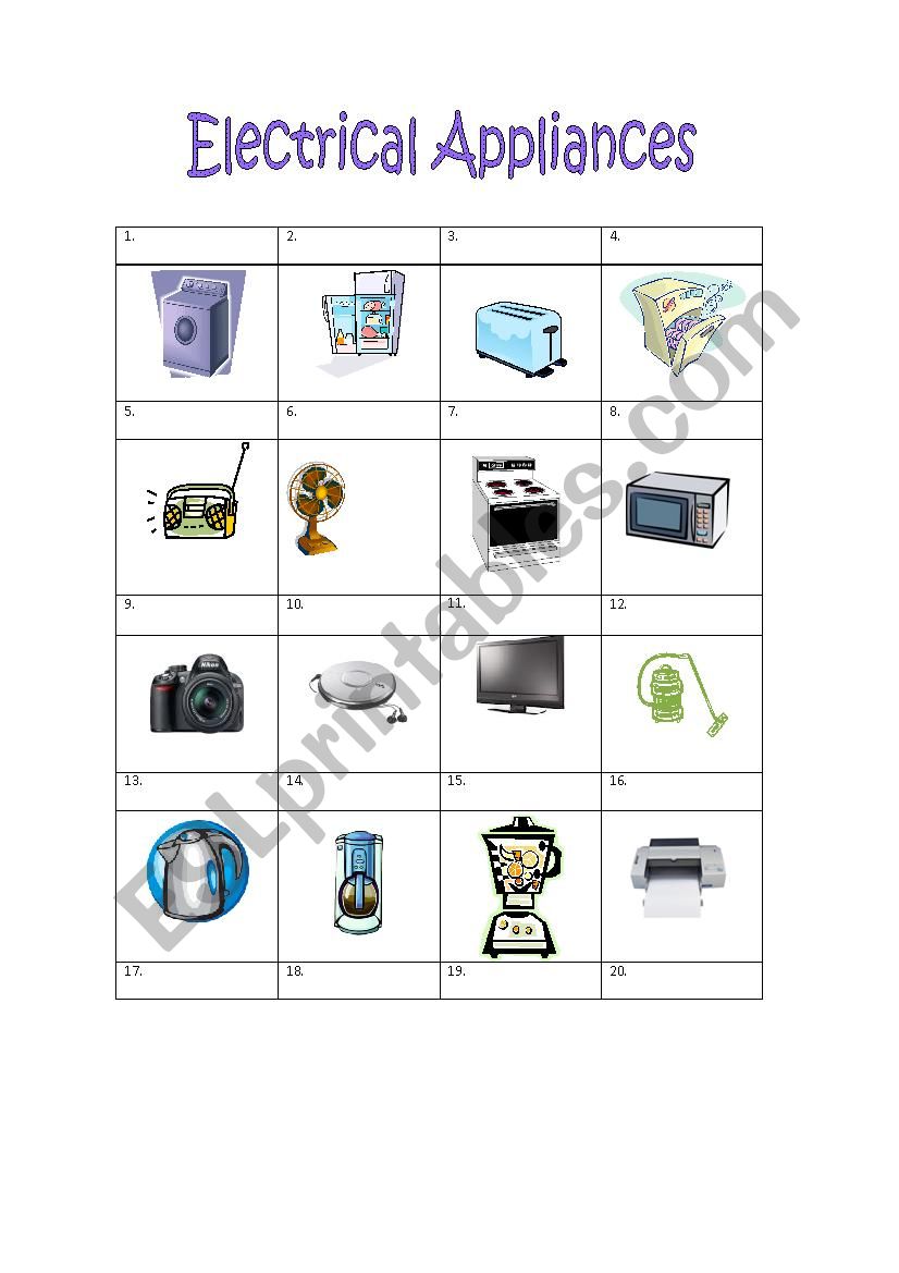 Electrical Appliances worksheet