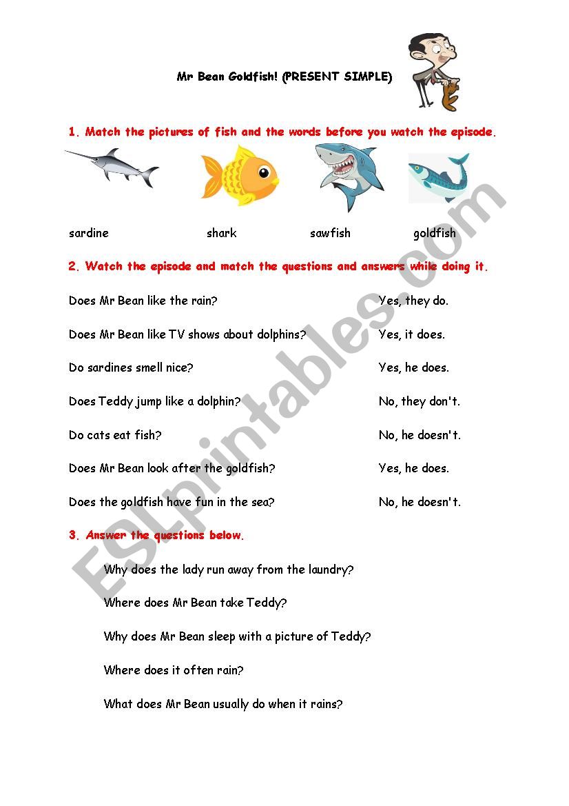 Present Simple - Mr Bean Goldfish - ESL worksheet by LadyPumpkin