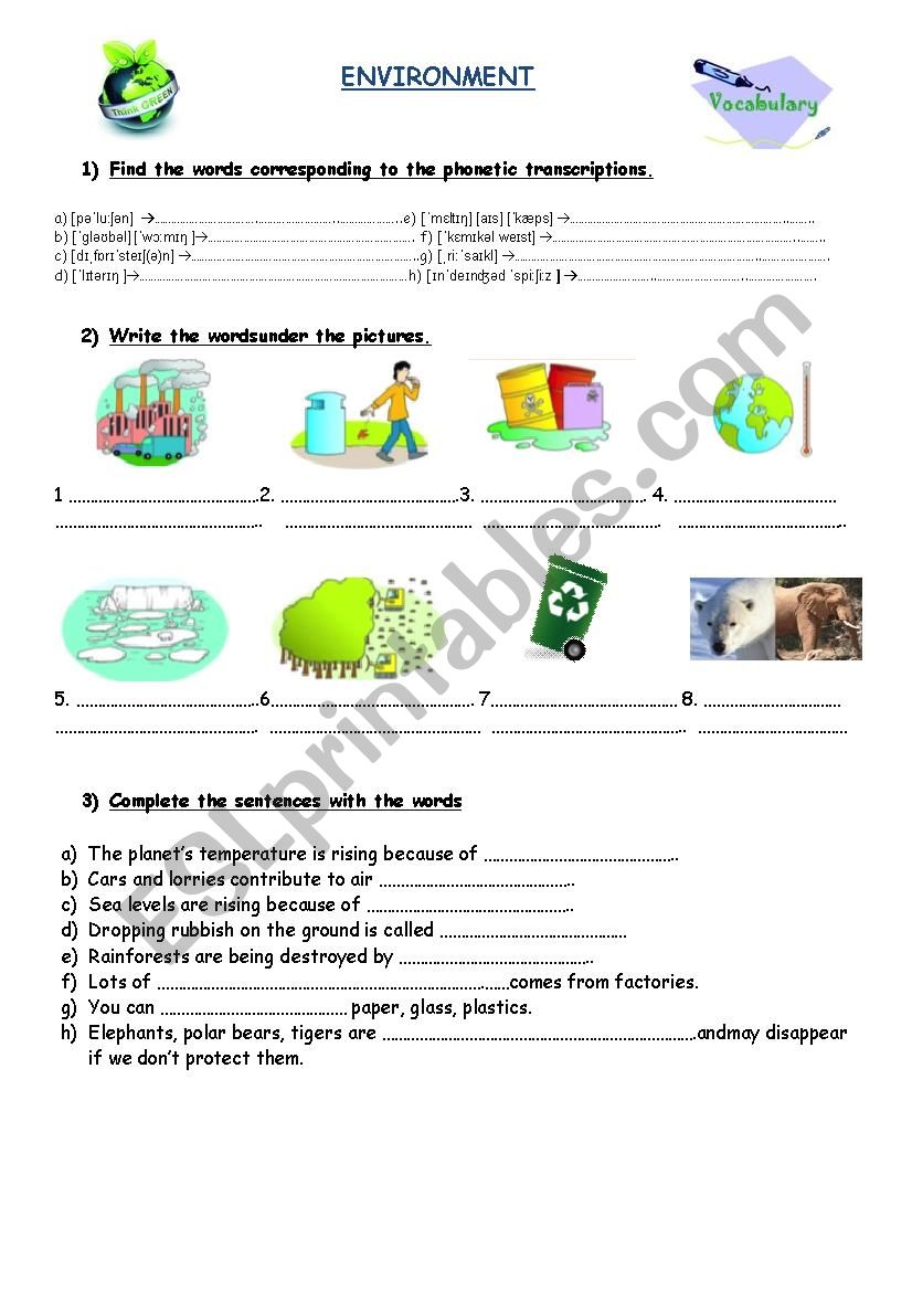 Environment vocabulary worksheet