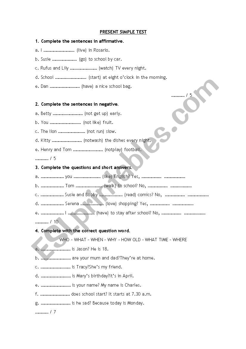 Present Simple Test worksheet