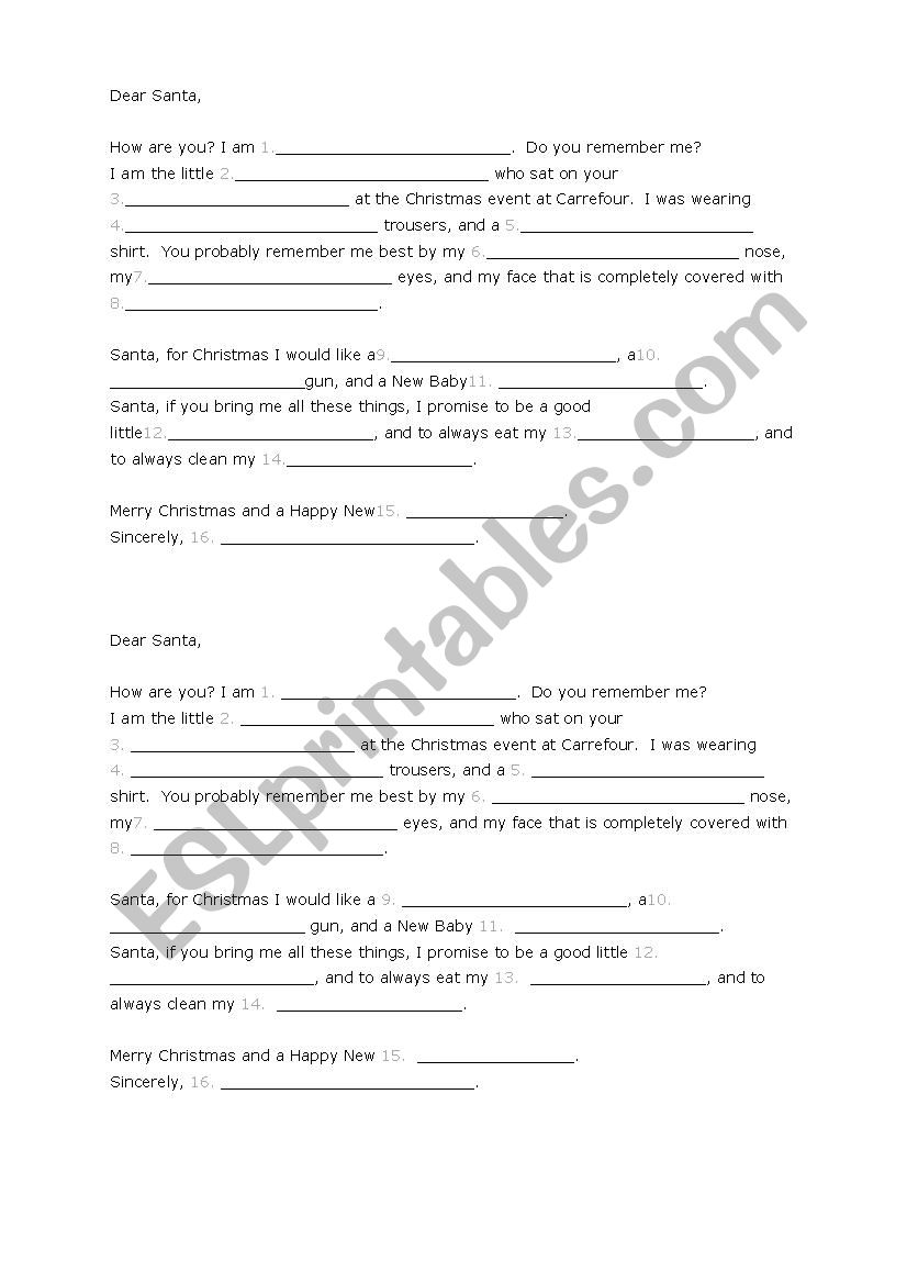 Dear Santa - Madlibs worksheet