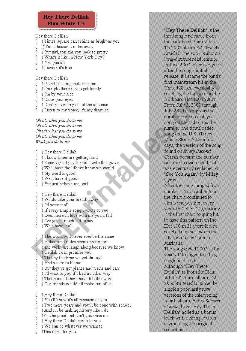 song: Hey there Delilah worksheet