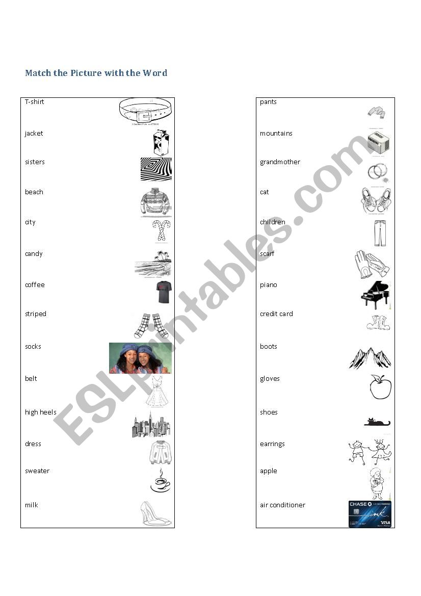 Matching words with pictures worksheet