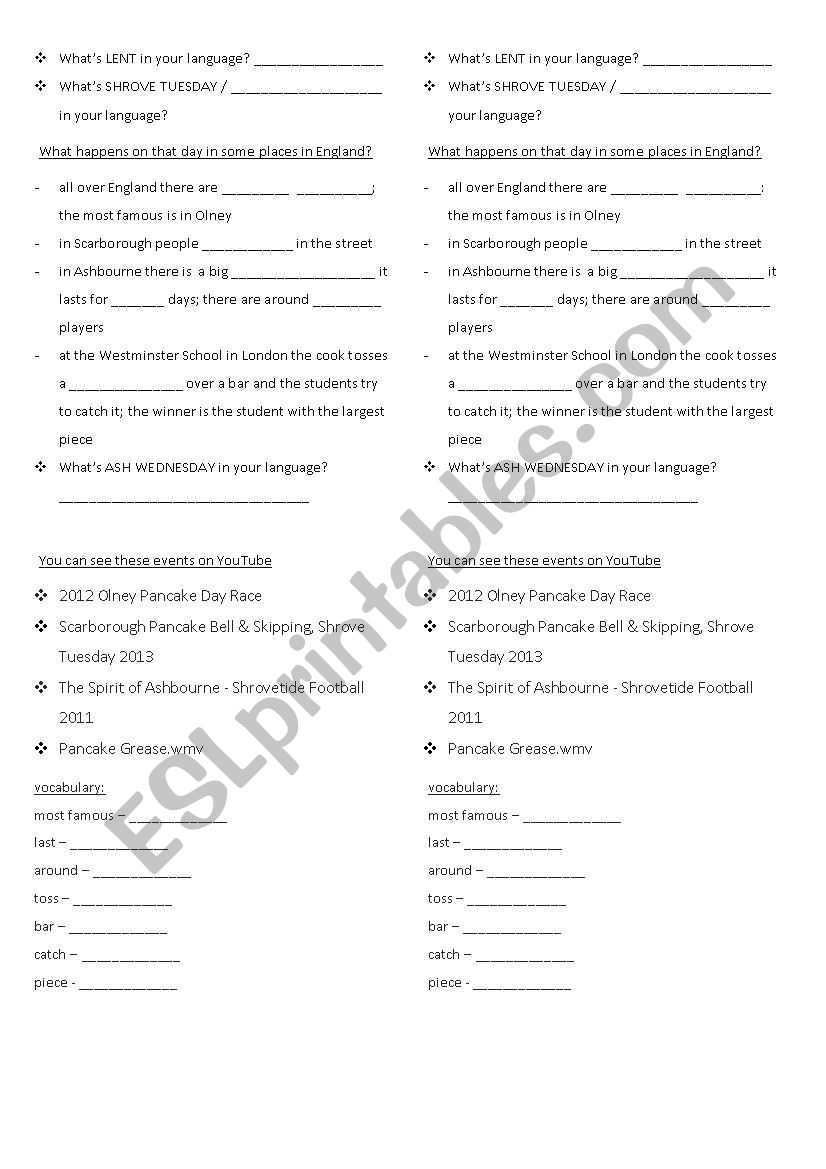 Shrove Tuesday worksheet