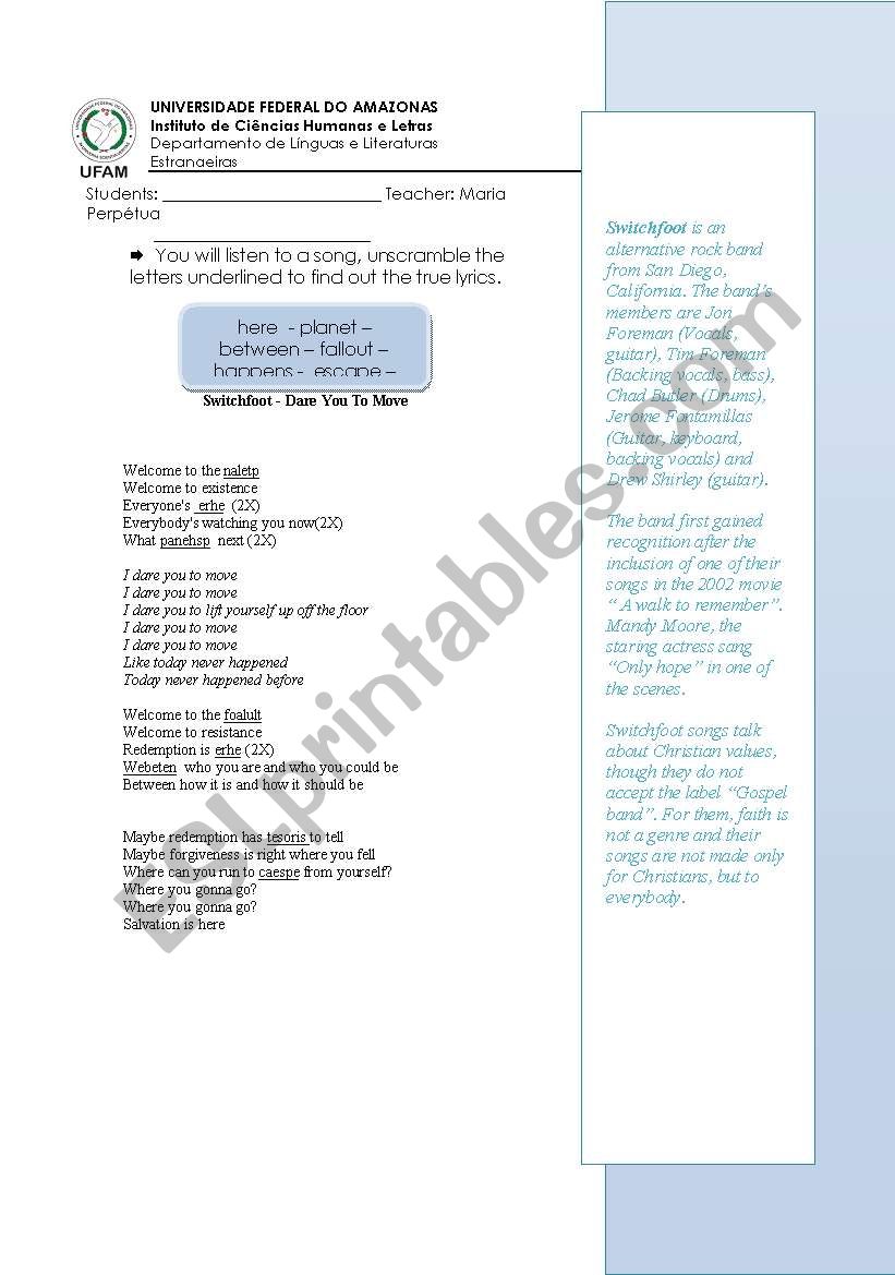 Dare you to move worksheet