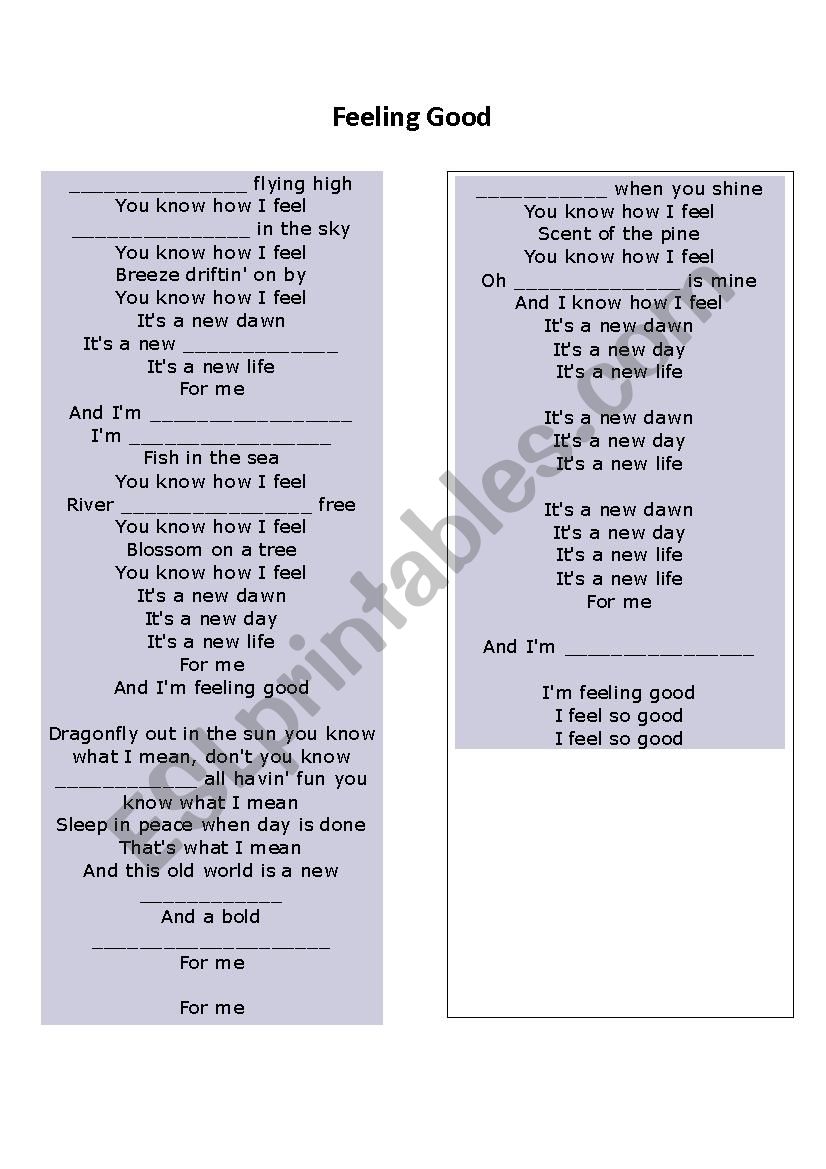 Feeling Good - Lyric Gap fill worksheet