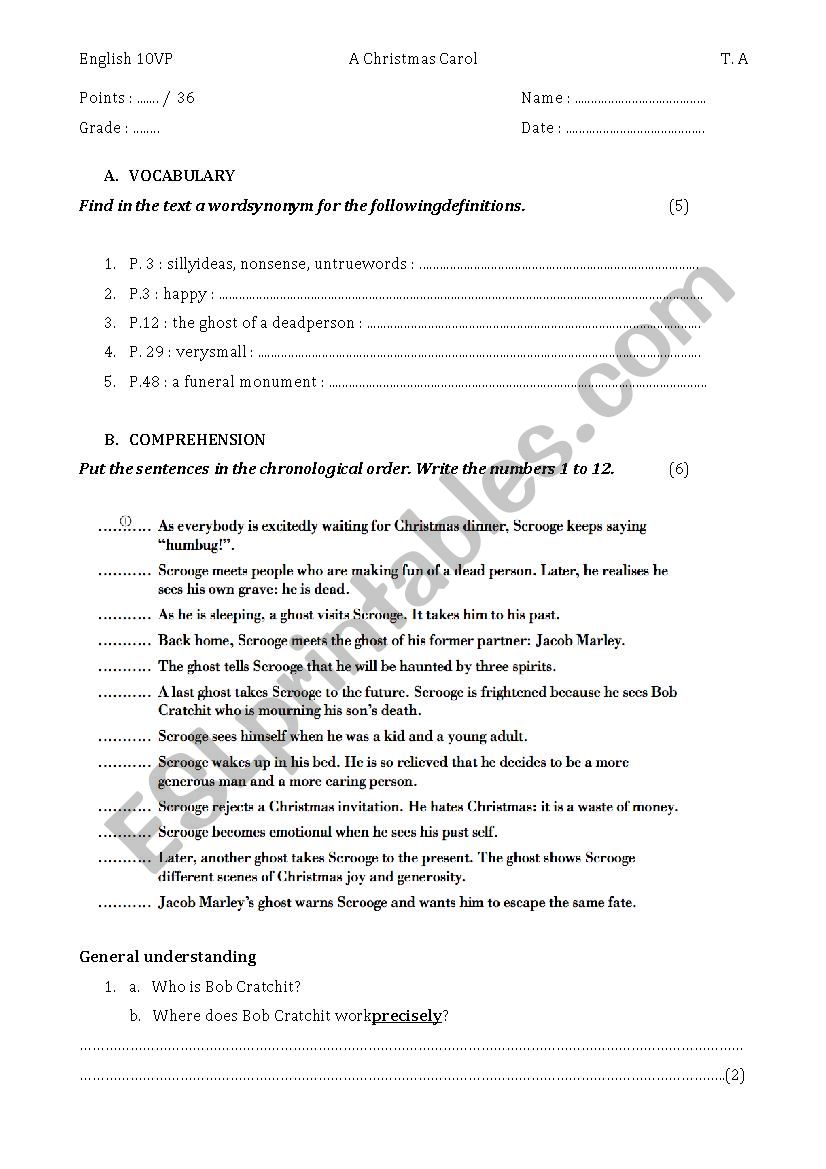 Christmas Carol questionnaire worksheet