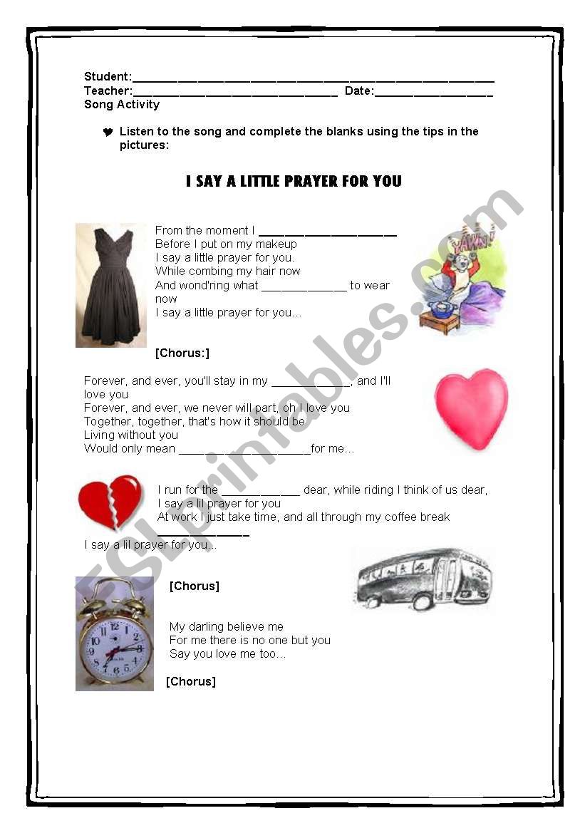 I say a little prayer for you worksheet