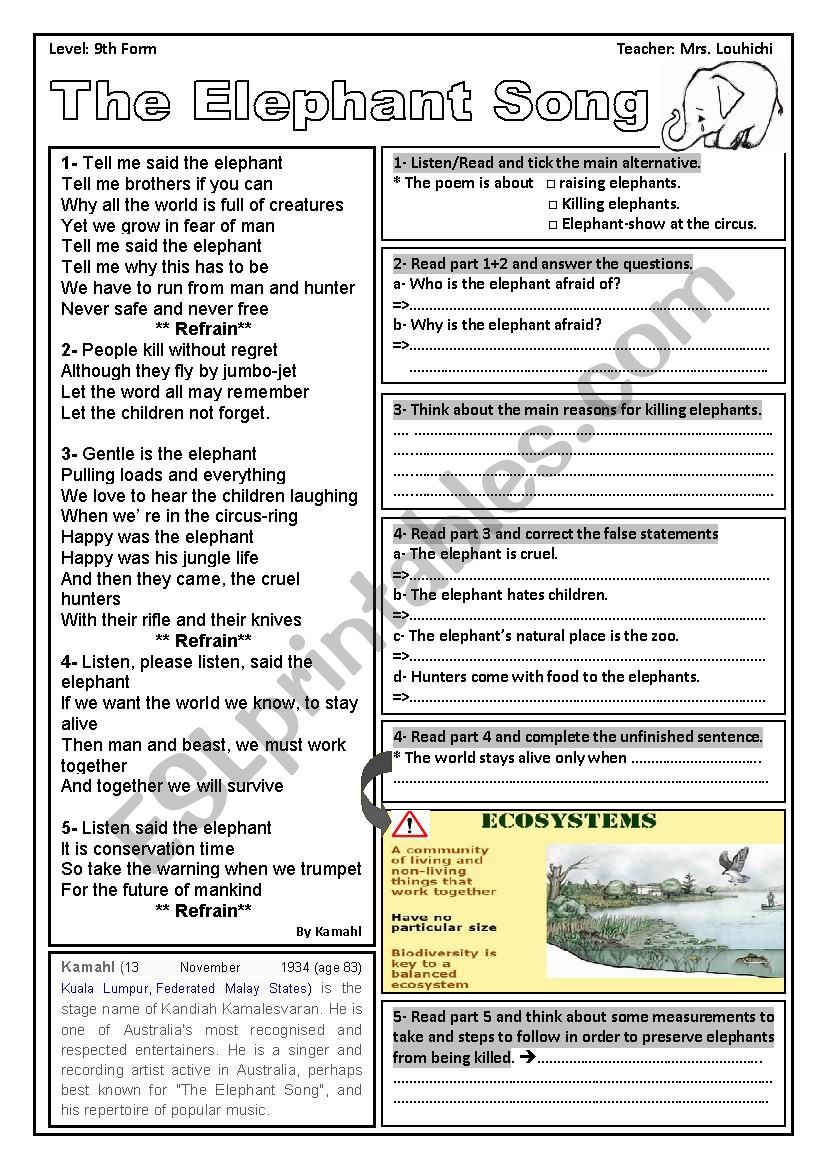 elephant song worksheet