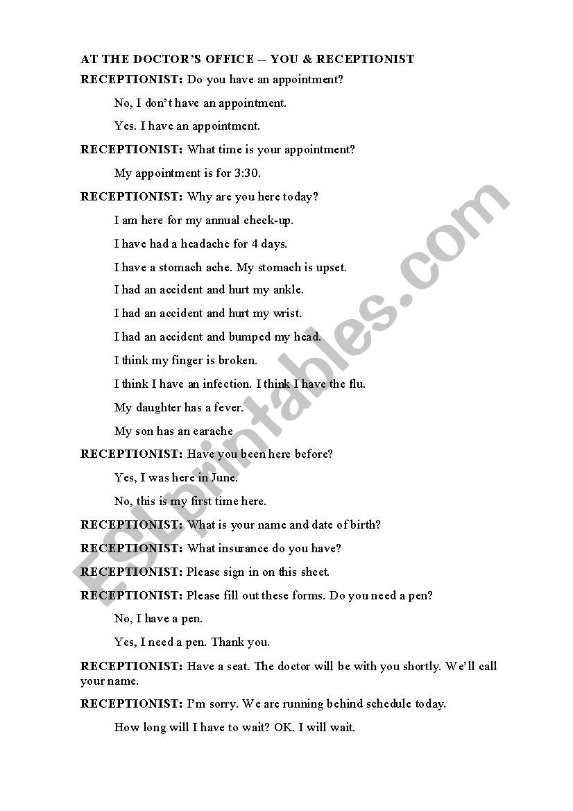 Doctor´s Office--Receptionist Dialogue - ESL worksheet by phsteph
