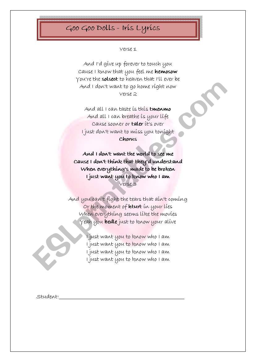 Iris - go go girls worksheet