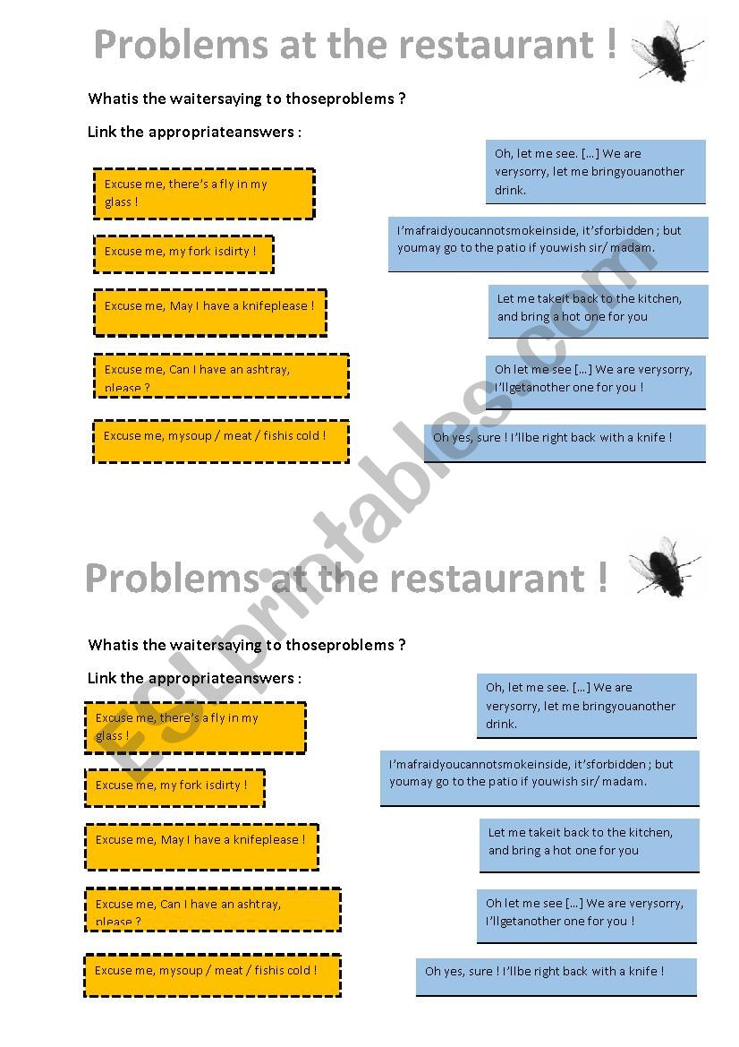 Problems at the restaurant worksheet