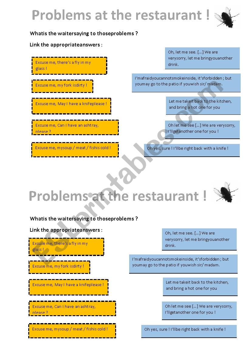 Problems at the restaurant worksheet