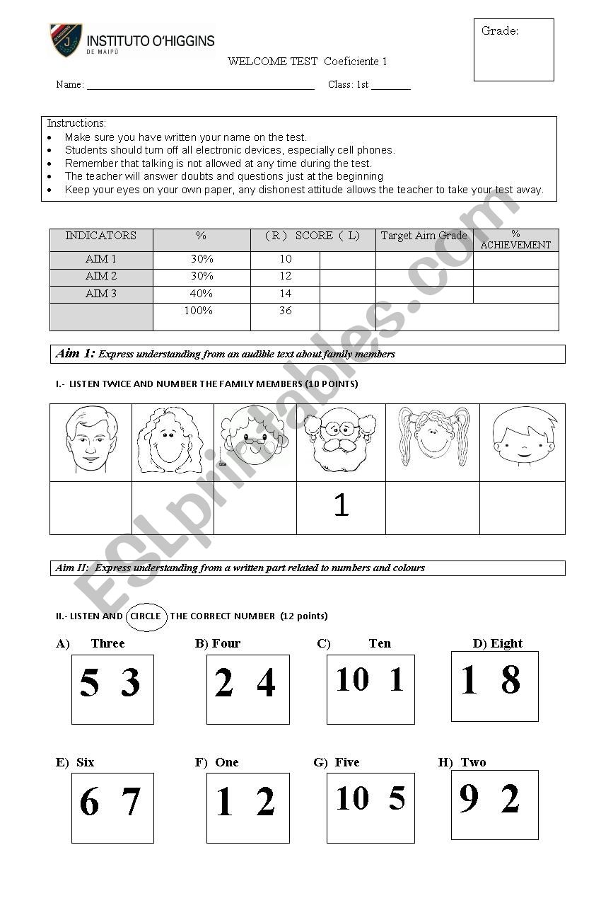 ENGLISH TEST WELCOME worksheet