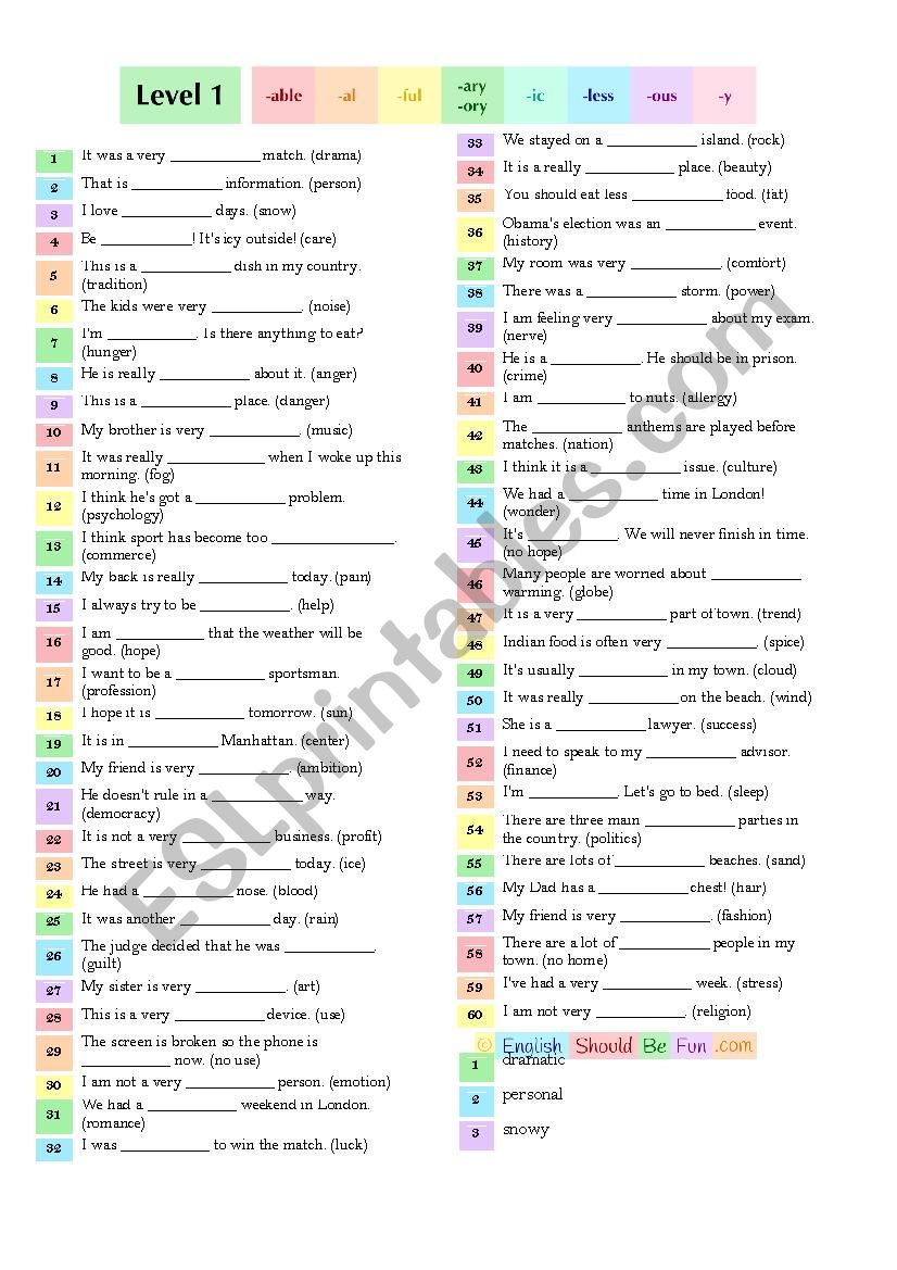 Suffixes - Adjectives from Nouns - worksheet
