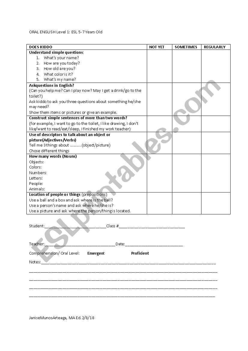 ORAL ESL RUBRIC 5-7 YEAR OLD worksheet