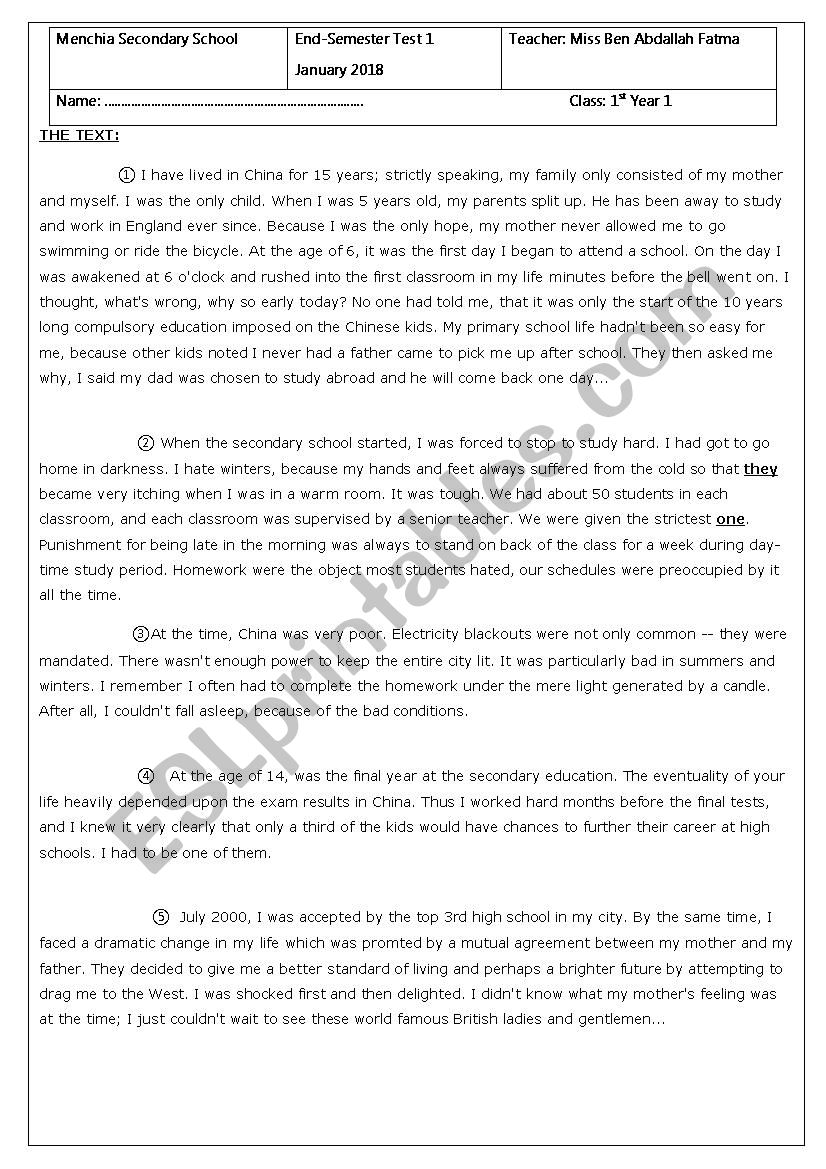 end semester test 1 ESL worksheet by gearge