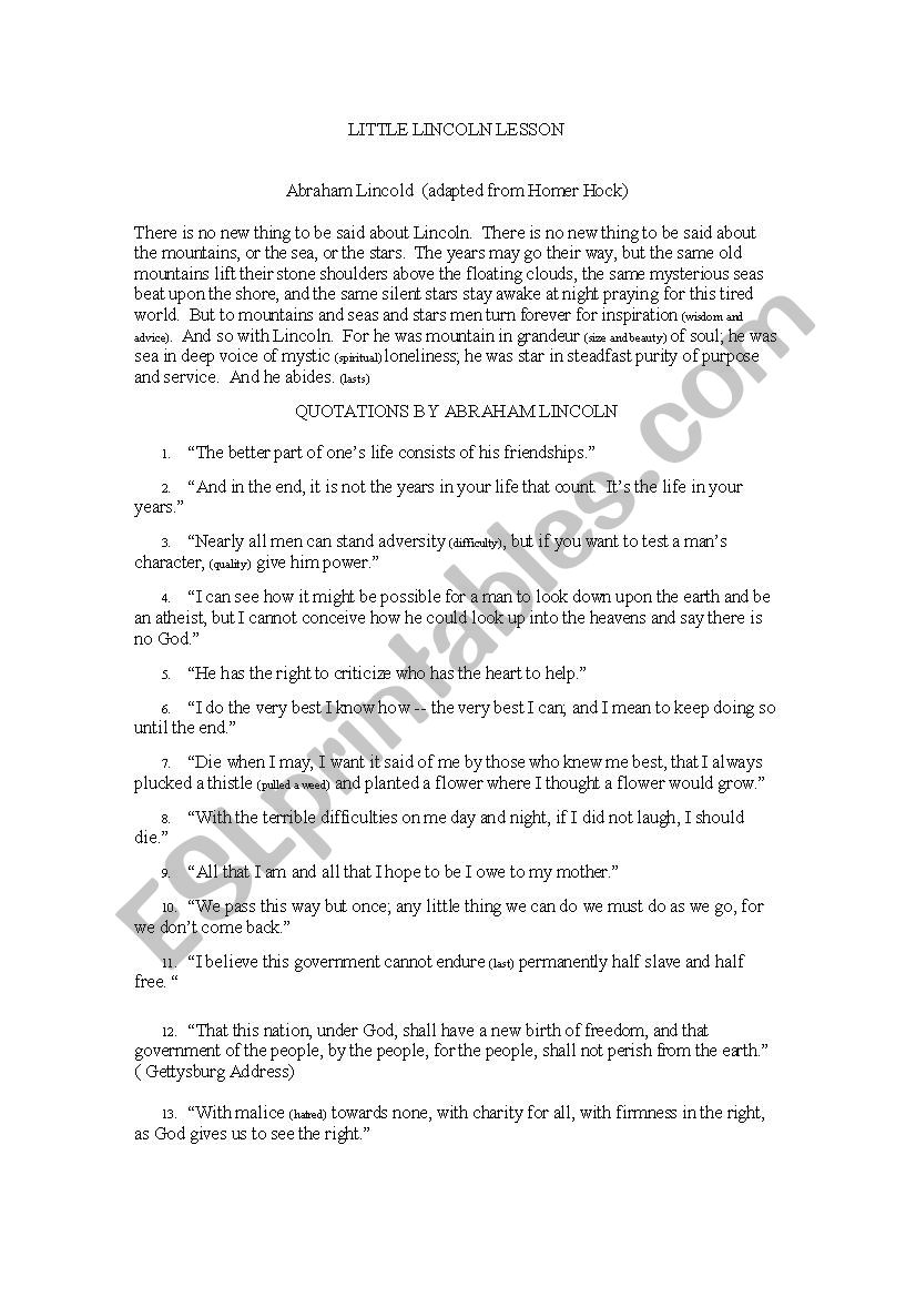 Little Lincoln Lesson worksheet