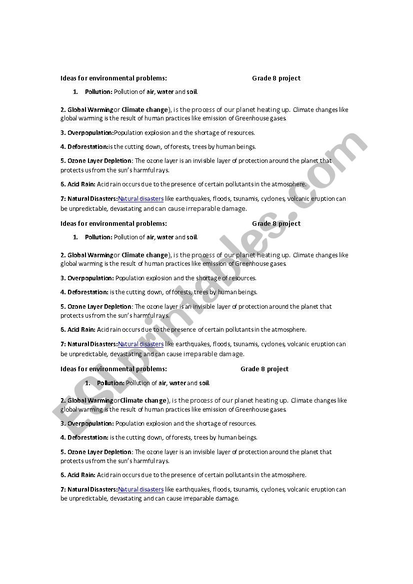 Ideas for project about environmental problems Ideas for project about environmental problems