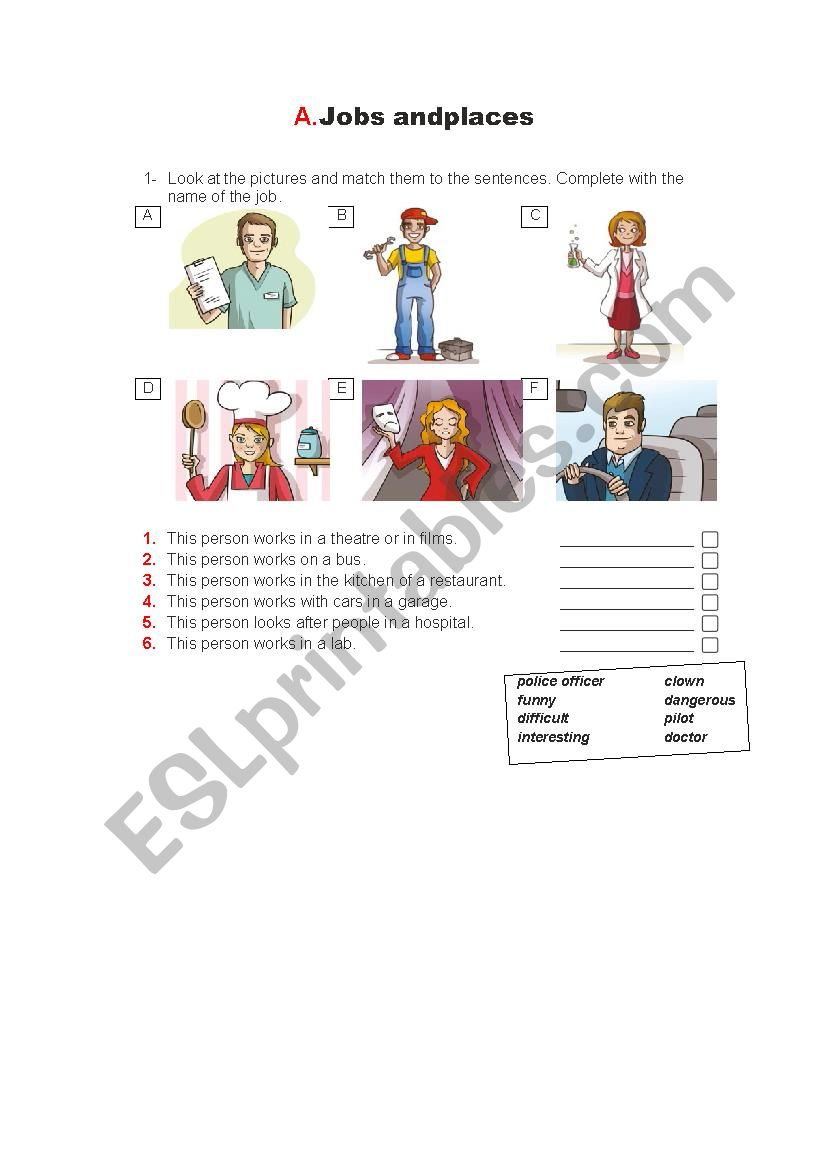 Jobs and places worksheet